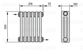 Схема (чертеж) Радиатор Zehnder Charleston 3055/6 №1670 Белый глянцевый RAL 9016